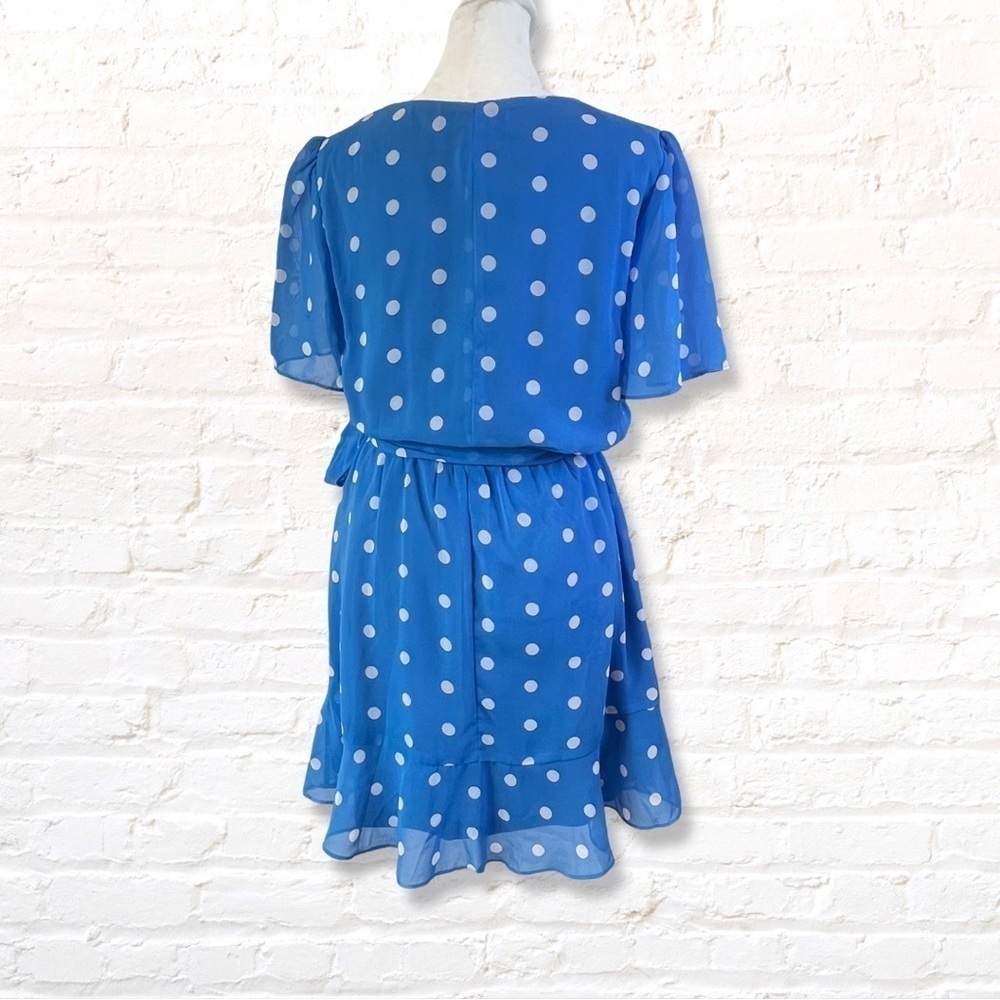 Francesca’s Mi ami Blue Polka Dot Wrap Mini Dress with Ruffle Size Small - Picture 4 of 11